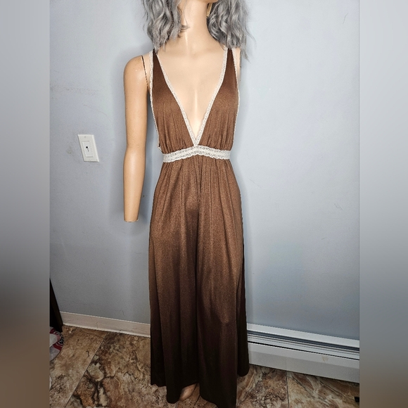 Vintage Other - Vintage Handmade Brown Lace V-Neck Nightgown Sz S/M